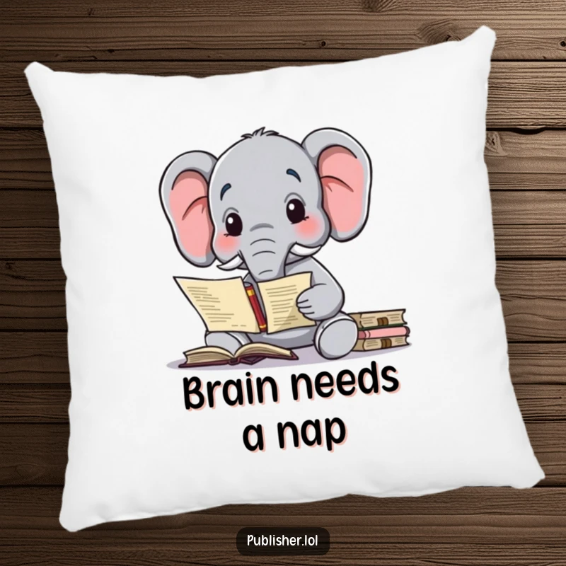 Funny pillow with a wise elephant character contemplating a complex publishing contract, ideal for cozy reading.