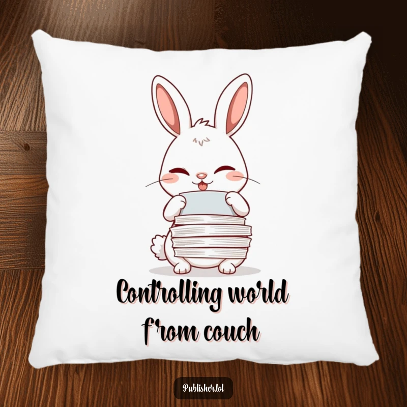 Funny winking rabbit adjusting papers with a meticulous grin, depicted on a soft decorative pillow.