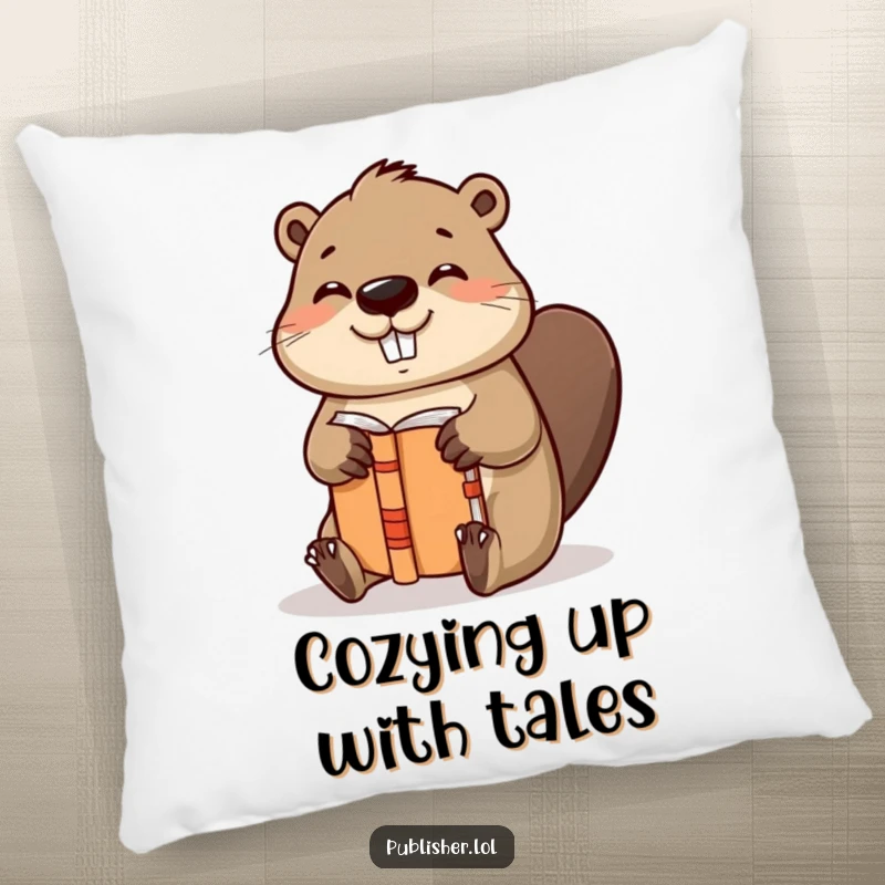 Funny pillow with a helpful beaver character binding a book with gusto and a satisfied nod, providing comfort and creative inspiration.