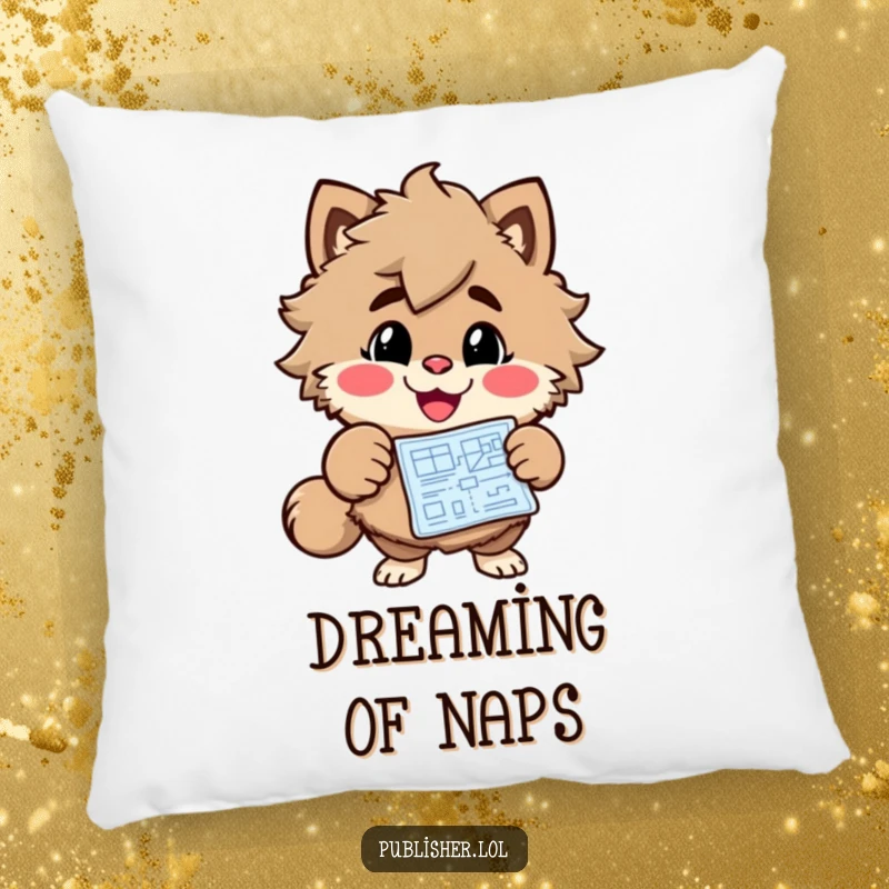 Funny Blueprint Dreamer Pillow with a cheerful, grinning character pointing at a blueprint, offering comfort and creative inspiration humorously.