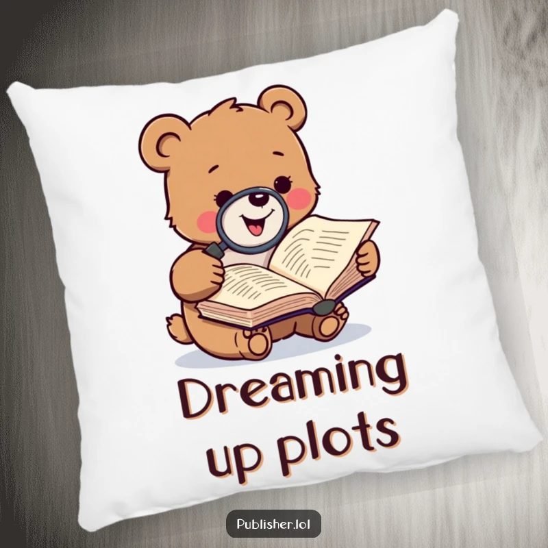 Funny throw pillow with a gleeful bear character examining a manuscript with a magnifying glass, adding cozy literary humor.
