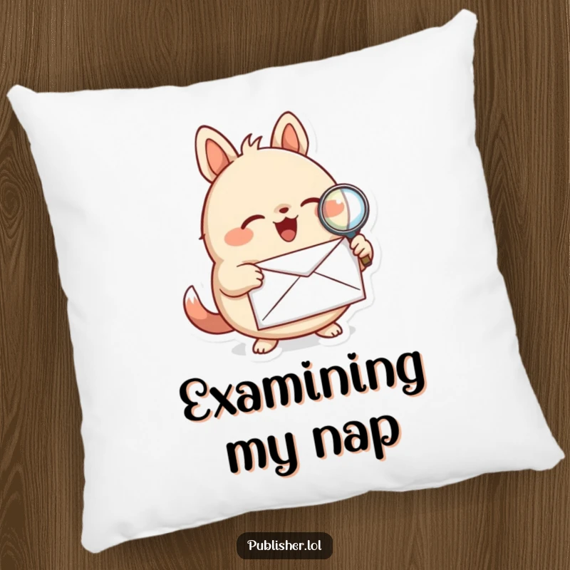 Funny pillow with a round animal character inspecting a letter with a magnifying glass, providing comfort and a touch of mystery.
