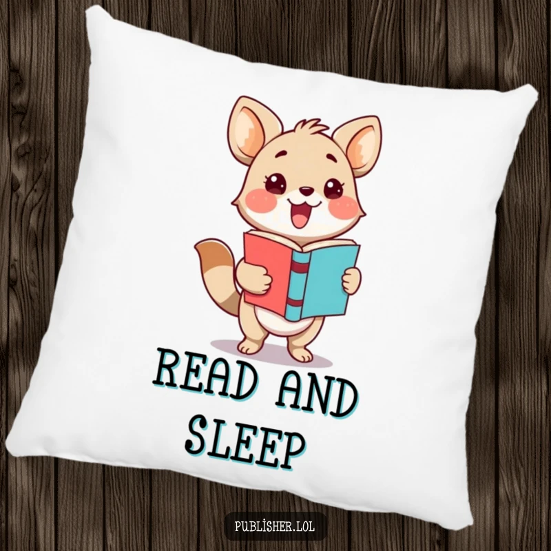 Funny pillow featuring an adorable animal character proudly presenting a completed book with a charismatic flourish and joyful expression.