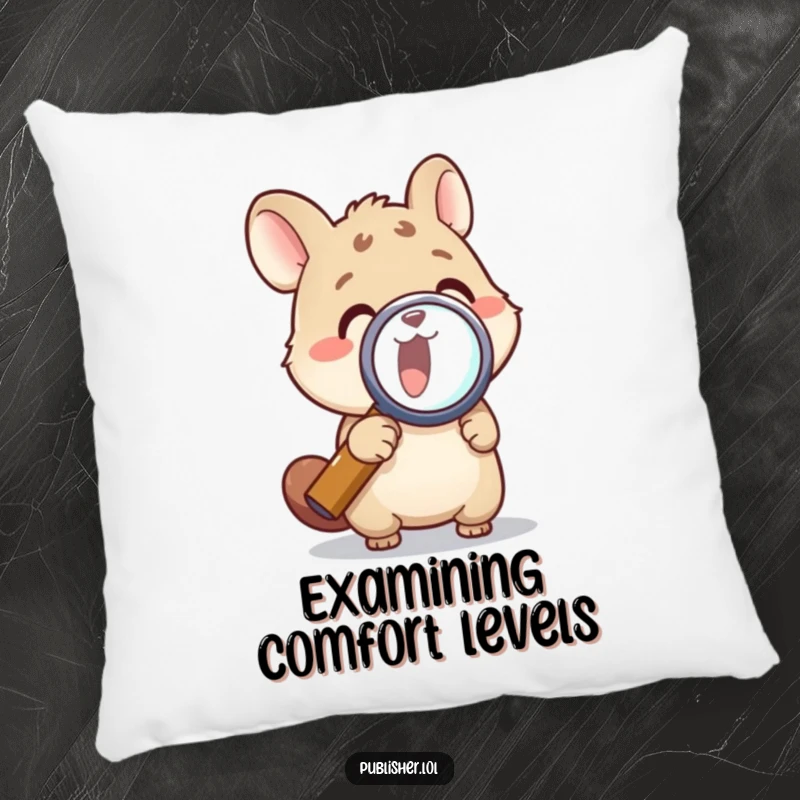 Funny pillow with an animal character examining with a magnifying glass, offering comfort and curiosity, ideal as a funny gift.