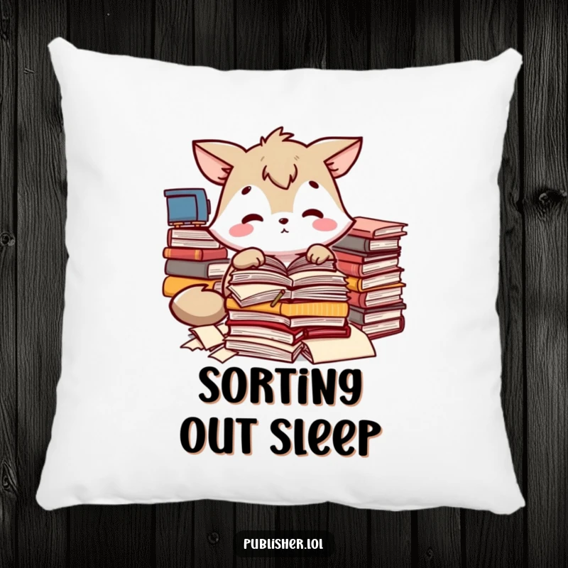 Funny pillow with an animal character sorting manuscripts, offering comfort and focus, ideal as a funny gift.