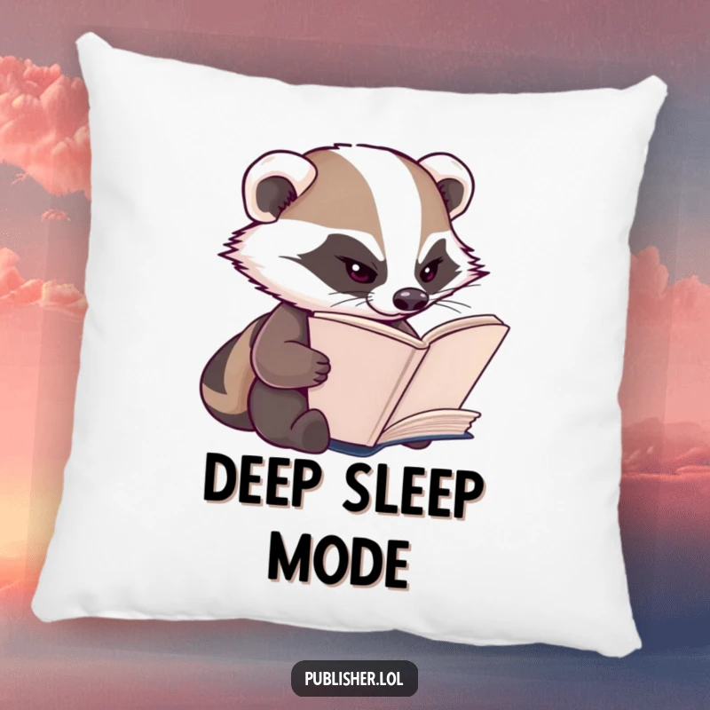 Funny Badger Pillow: A diligent badger character squints intently while inspecting book pages, perfect for study comfort.