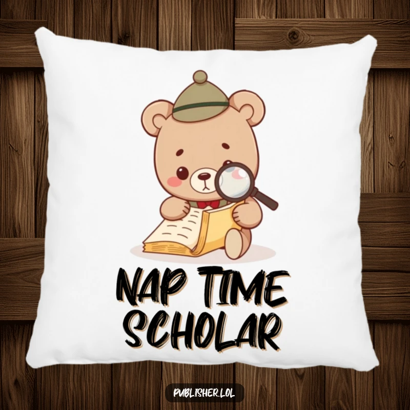Funny Bear Investigator Pillow featuring a small bear in a hat peering through a magnifying glass at a manuscript.