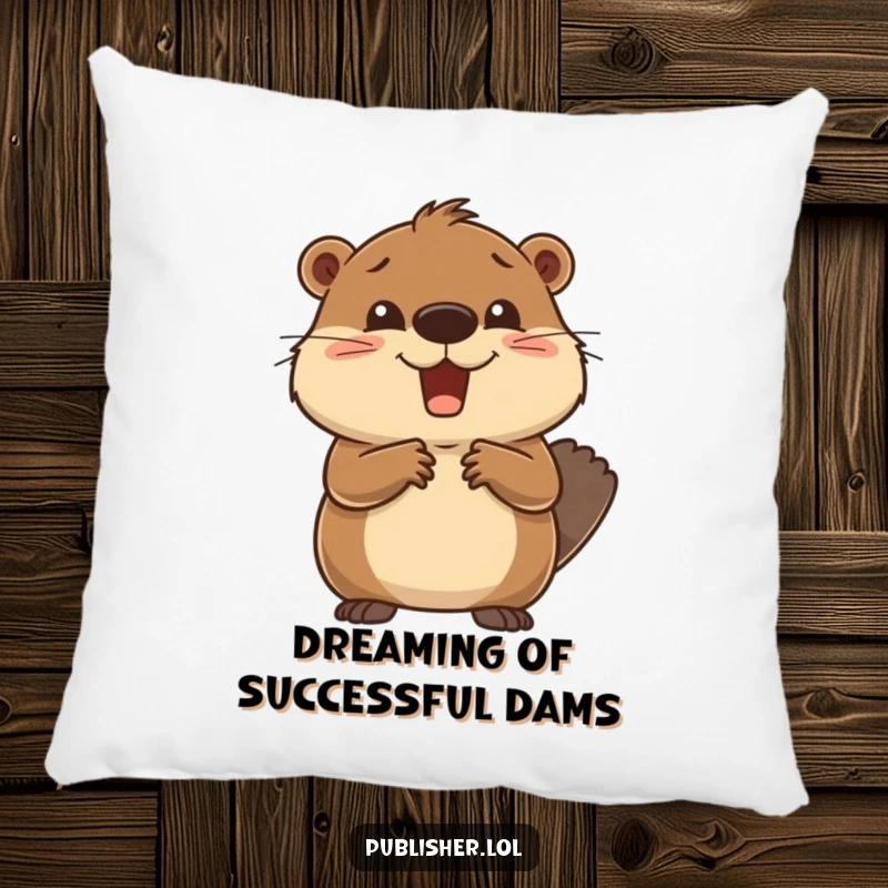 Funny Pillow featuring a delighted beaver closing a deal with a handshake and wide eyes, bringing humorous celebration to any room.