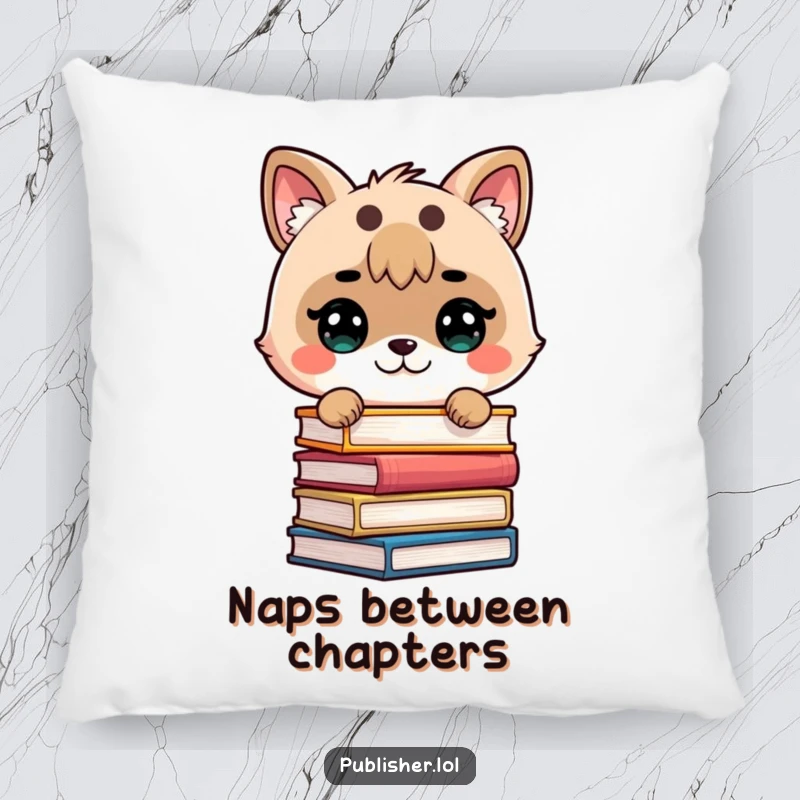 Funny pillow featuring a determined cute animal stacking books, perfect for adding literary comfort and a touch of wit.