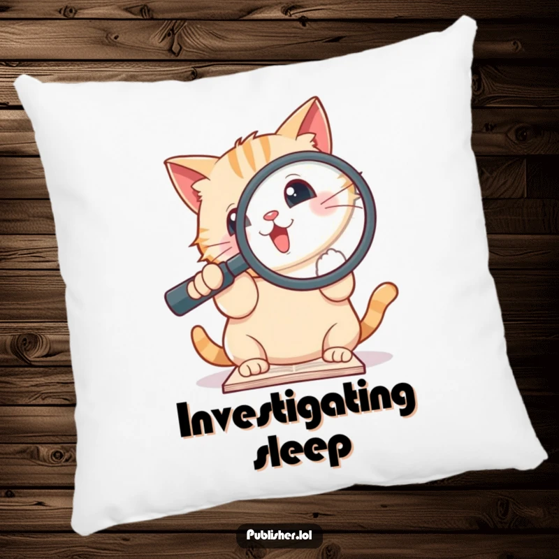 Funny decorative pillow with a cute cat holding a magnifying glass over a document, ideal for adding humor and comfort.