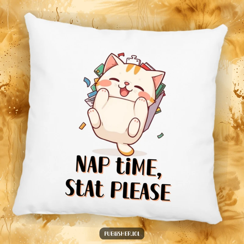 Funny cat pillow: a pudgy cat character comically tumbles backward from an overflowing email inbox, signifying digital overwhelm.