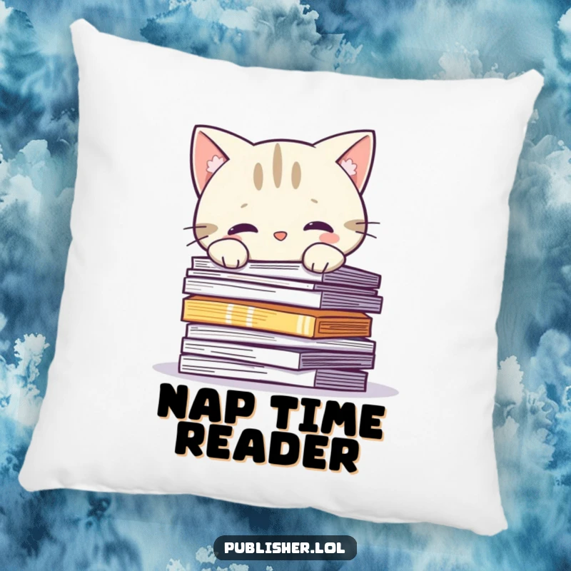 Funny Pillow: Curious cat character peeks over a stack of printed pages, offering comfort and literary humor.