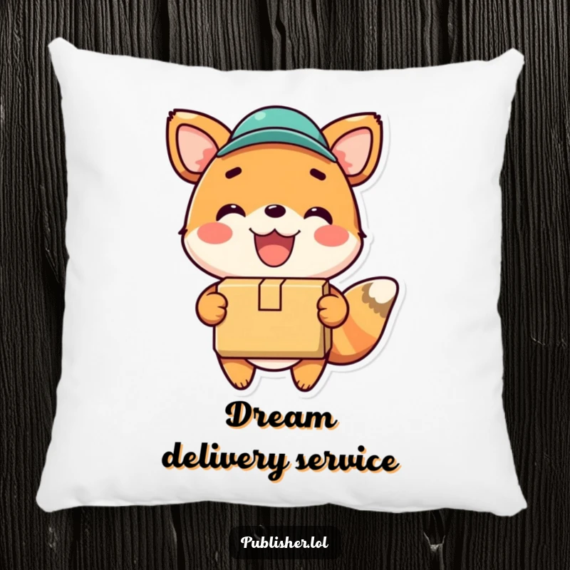 Funny pillow featuring a happy animal gleefully delivering a package, perfect for adding cozy cheer and a touch of wit.