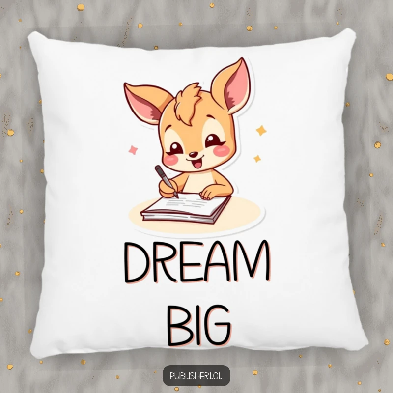 Funny fawn pillow showing a joyful character signing a document with a cheerful flourish, adding comforting humor and celebration to decor.