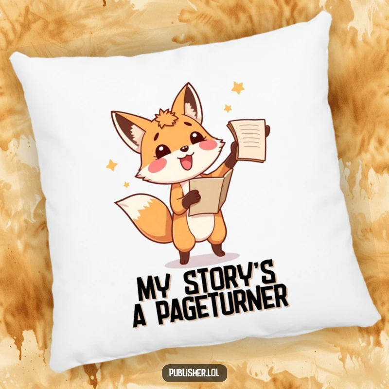Funny fox pillow, joyfully tossing a manuscript in the air with amusement, adding a cozy and humorous touch to any room.