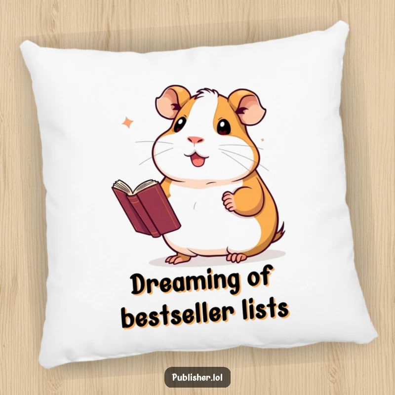 Funny pillow featuring a proud guinea pig presenting a novel with a flourish, perfect for adding humorous and cozy decorative touches.