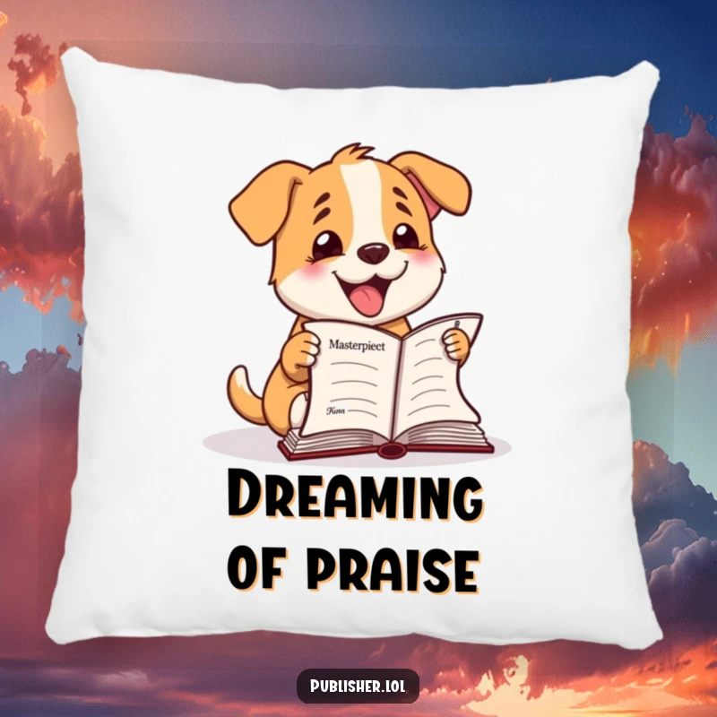 Funny Pillow: Happy dog character barks enthusiastically at a finished manuscript, offering comfort and writing celebration.