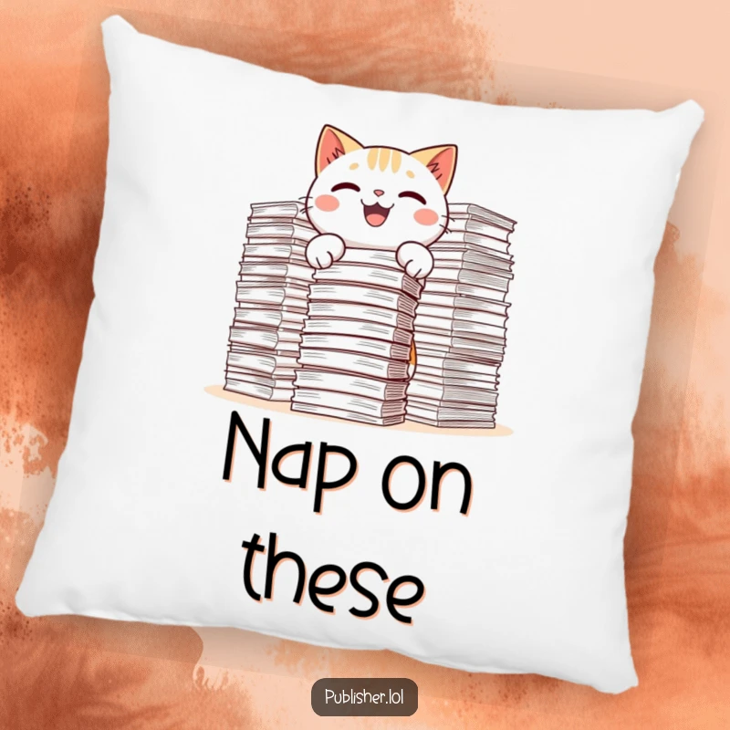 Funny Kawaii Cat Pillow featuring a wide-eyed cat gleefully attempting to stack immense amounts of paperwork.