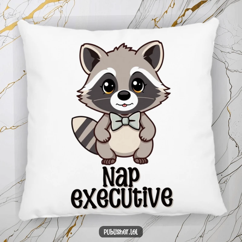 Funny kawaii raccoon pillow featuring a dapper character in a bow tie looking important, adding a touch of sophisticated comfort to decor.