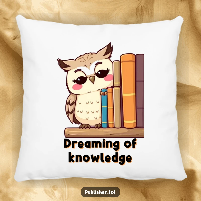Funny pillow with a thoughtful owl character surveying a shelf of published works with a serene smile, providing comfort and wisdom.