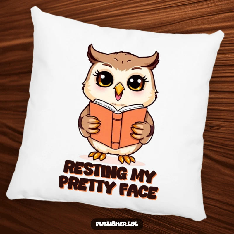 Funny cheerful owl character reviewing a book cover design on a plush pillow, offering comfort and creative humor.