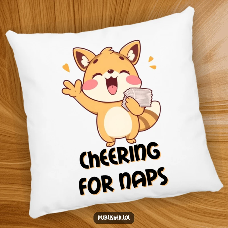 Funny pillow with a playful animal character cheering with papers, offering comfort and joy, ideal as a funny gift.