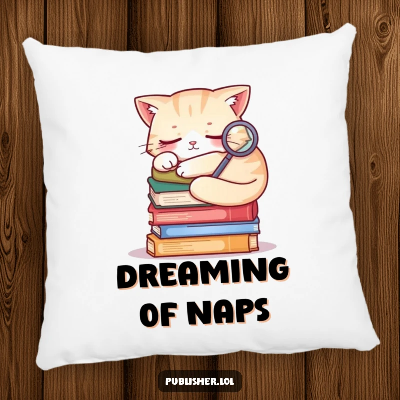 Funny sleepy cat curled on a stack of books, holding a magnifying glass, soft and humorous pillow design.