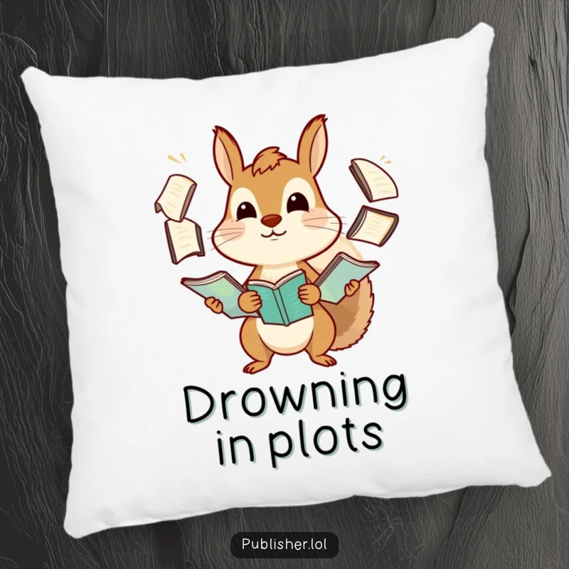 Funny squirrel pillow showing a determined creature comically juggling multiple manuscripts, adding a humorous and relatable touch to home decor.