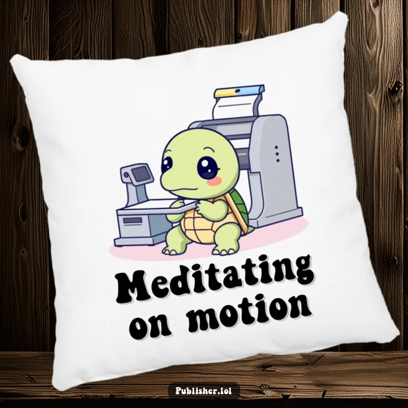 Funny Pillow featuring a thoughtful turtle looking intently at a printing press machine, providing comfort and humorous contemplation for any room.