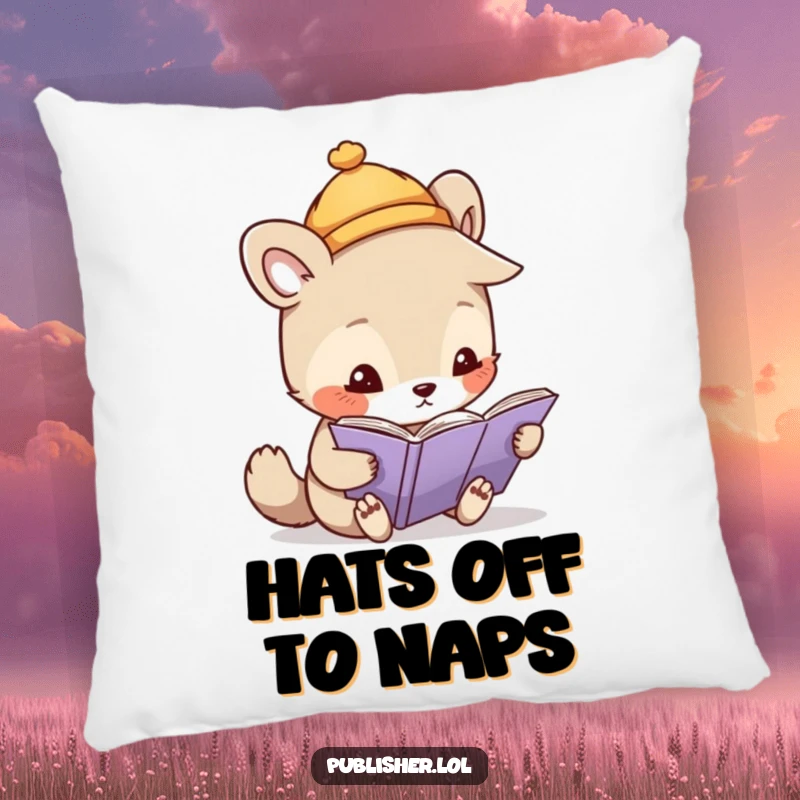 Funny pillow featuring a whimsical animal character in a small hat, closely examining a page with a magnifying glass, full of curiosity.