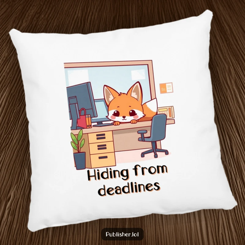 Funny Pillow featuring a curious fox peeking from behind an office desk, providing comfort and a humorous, sly touch to any room.