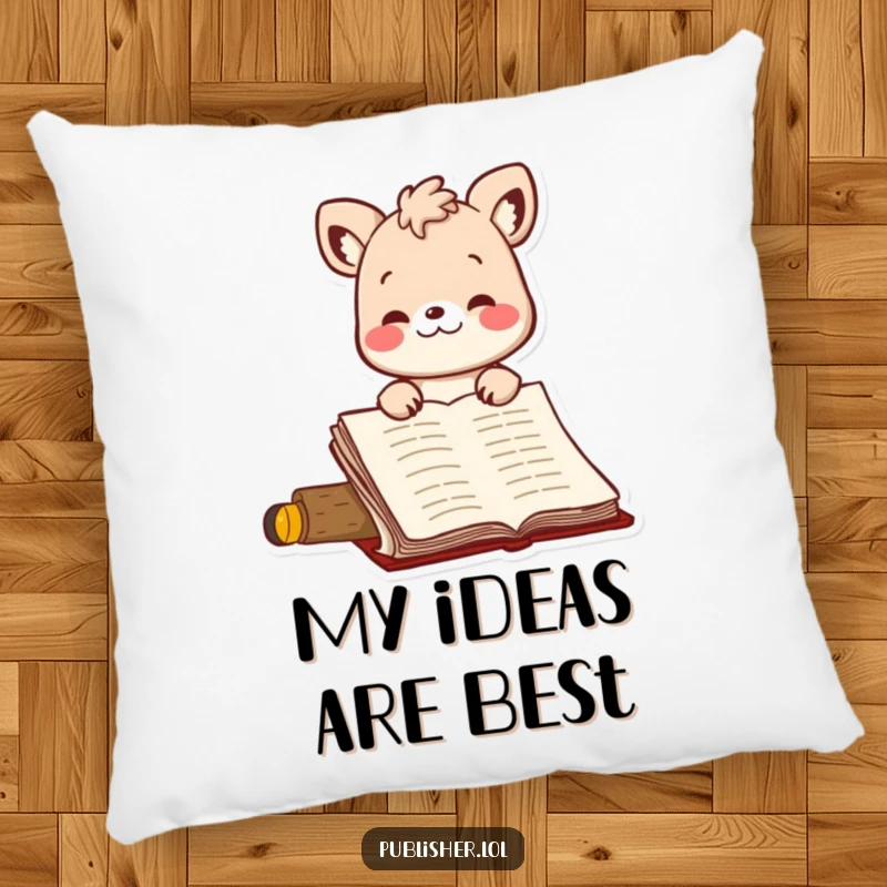 Funny pillow with a happy animal character giving a clear nod of approval to a manuscript, adding a humorous touch to home decor.