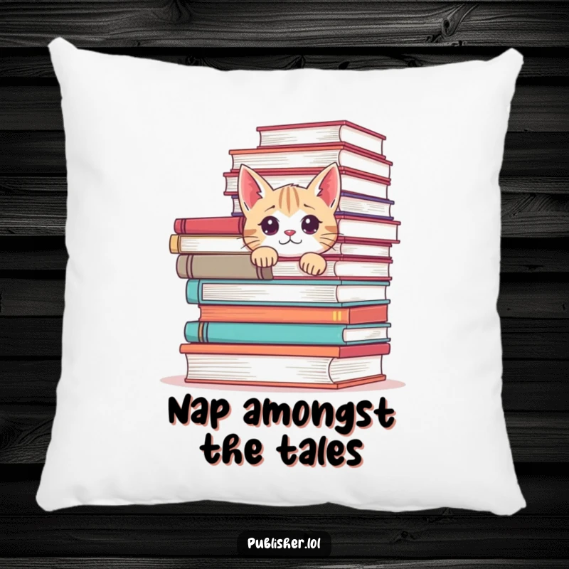 Funny pillow with a curious cat peeking from behind a stack of books, perfect for adding a humorous and cozy touch.