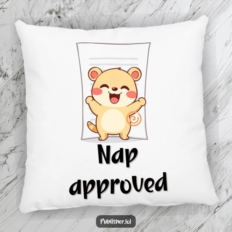 Funny Pillow: A cute animal character enthusiastically stamps a large document with a wide, happy grin.