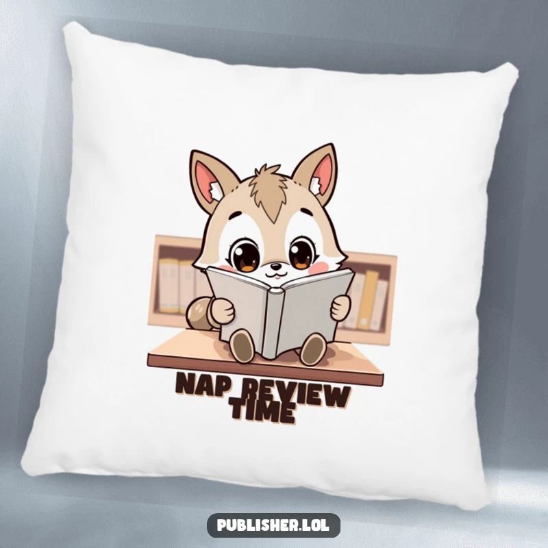 Funny Pillow: A kawaii animal character reviews a manuscript with wide, focused eyes, perfect for cozy reading.