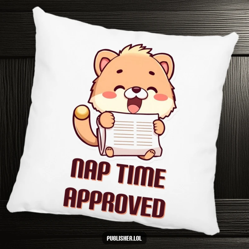 Funny pillow with a fuzzy animal character stamping a document with excitement, offering comfort and humor, ideal as a funny gift.