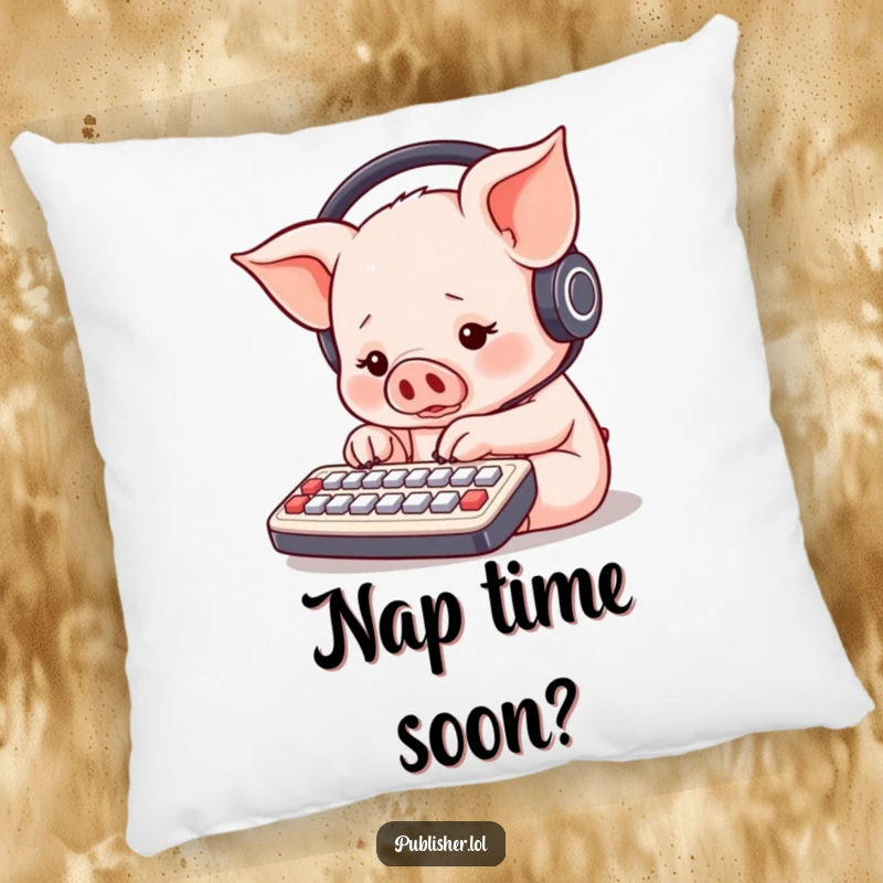 Funny round piglet with headphones, typing furiously on a small keyboard with multiple paws, soft and humorous pillow design.