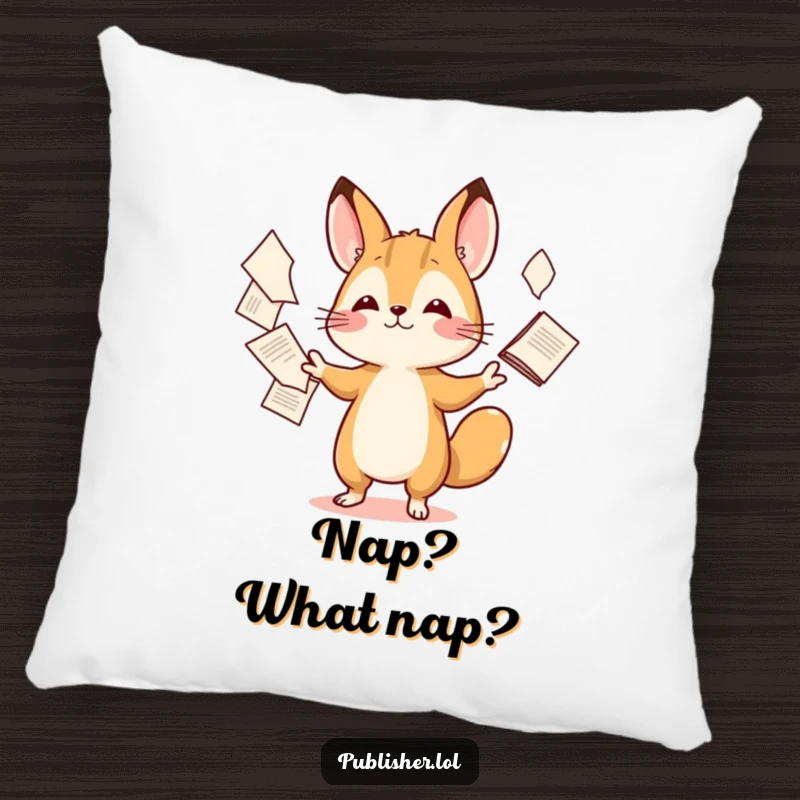 Funny pillow showcasing a cute tiny animal character in the act of juggling a large assortment of papers with playful skill.
