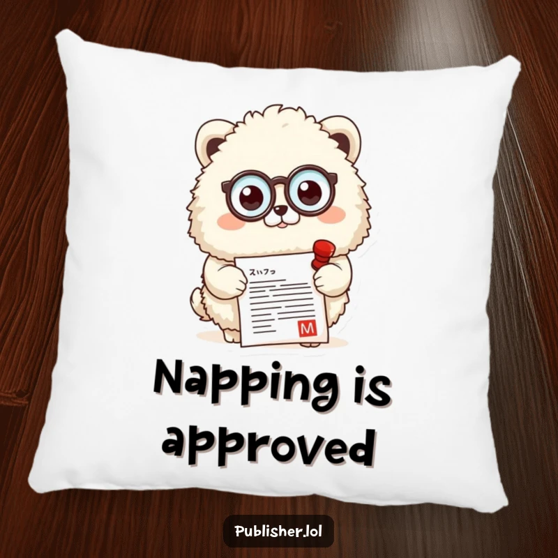 Funny pillow featuring a fluffy animal with a monocle, stamping a document, perfect for adding distinguished comfort and wit.