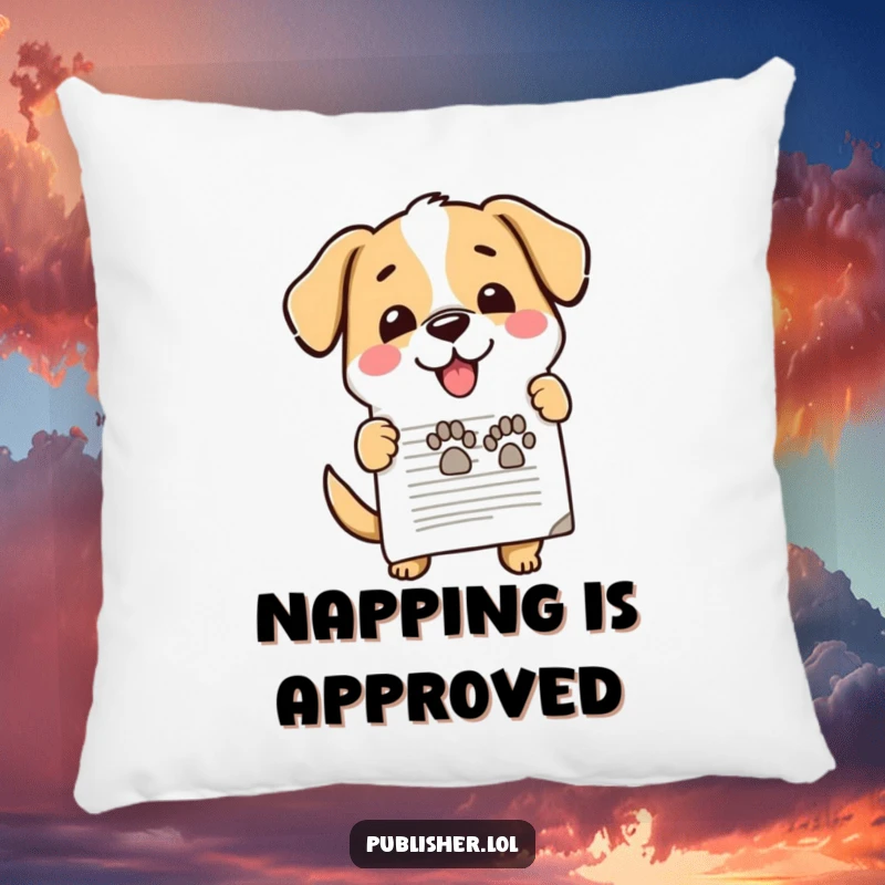 Funny decorative pillow, cute dog enthusiastically stamping document, happy paw mark, office approval, comfortable and hilarious home accent for funny gift buyers.