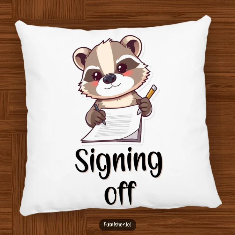 Funny badger pillow, signing a document with a triumphant flourish, offering comfort and a humorous dose of determination.