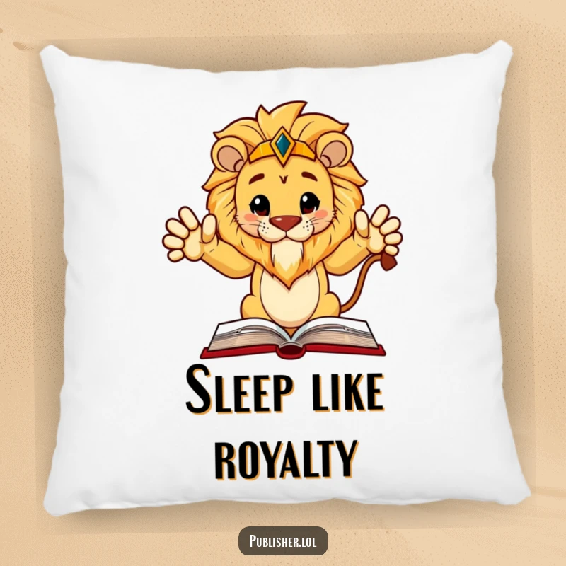 Funny Pillow: Regal lion character gestures authoritatively at a book layout, offering comfort and wise humor.