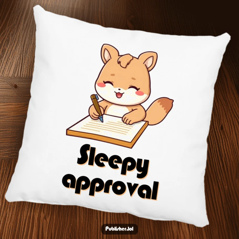 Funny Pillow: Soft cushion featuring a friendly animal character signing a document with a flourish, perfect for adding humorous comfort to any space.