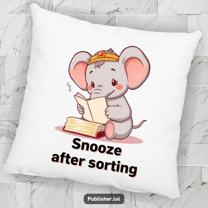 Funny pillow featuring a busy elephant character happily sorting through manuscripts with its trunk, providing comedic comfort and a touch of order.