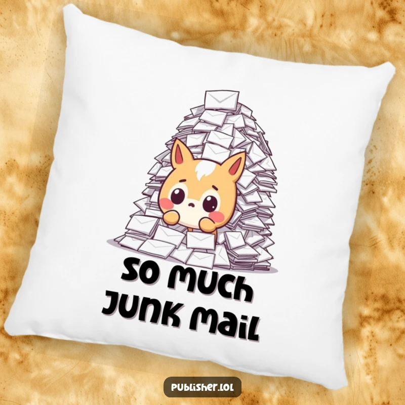 Funny pillow showcasing a startled animal character reacting to a tremendously large pile of letters, embodying the humor of surprise mail.