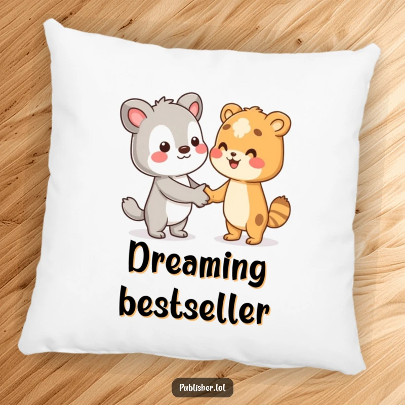 Funny pillow with a character shaking hands with an unseen author, comfortable and celebratory for book lovers, a great funny gift.