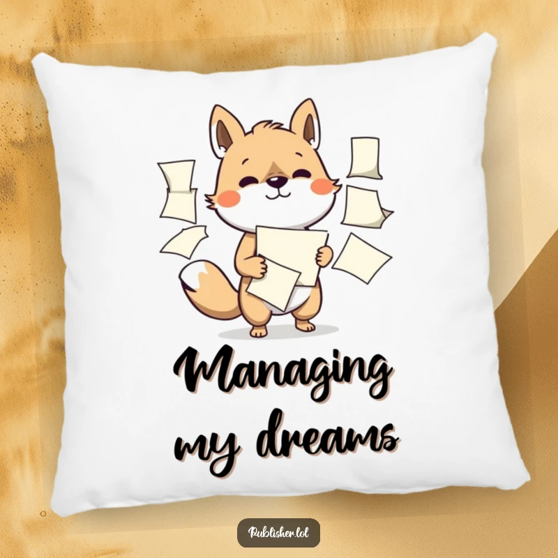 Funny pillow with a determined animal character expertly managing multiple flapping papers, providing comfort and a motivational touch.