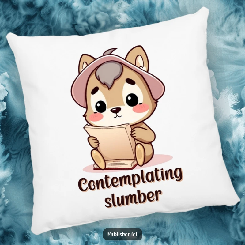 Funny pillow with a curious animal character thoughtfully considering a large manuscript, providing comfort and a touch of scholarly charm.
