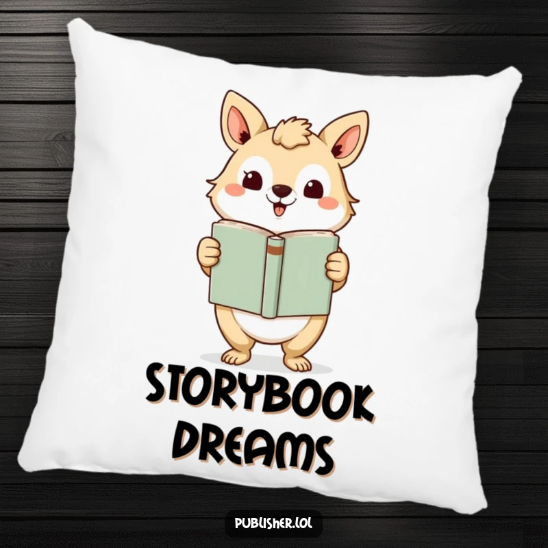 Funny Pillow: Soft cushion featuring an animal character presenting a finished book with a grand gesture, perfect for adding humorous comfort.
