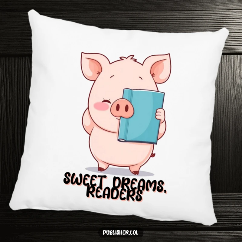 Funny pillow with a plump, proud pig character holding a newly printed book, ideal for cozy reading.